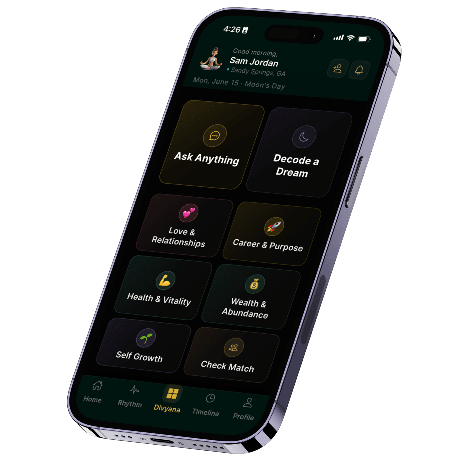 The Divyana home screen — life-area tiles for Ask Anything, Decode a Dream, Love & Relationships, Career & Purpose, Health & Vitality, Wealth & Abundance, Self Growth and Check Match